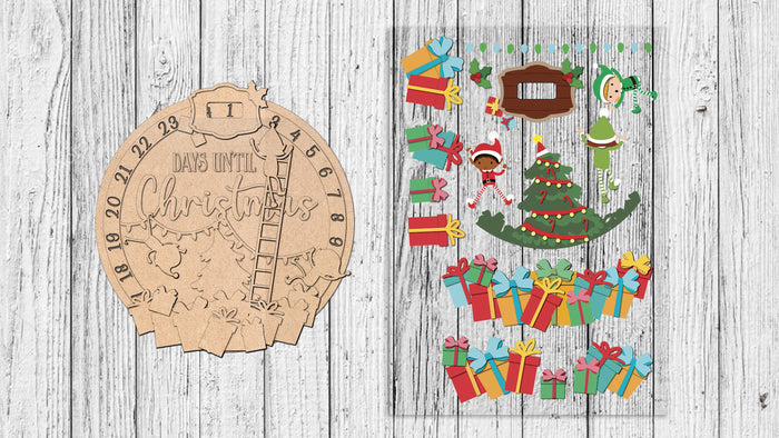Unfinished Elves Workshop countdown backer beside a colorful transfer example