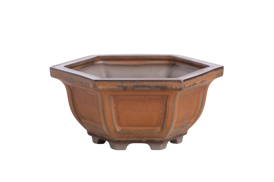 5-Inch Hexagonal Windowed Semi-Cascade Bonsai Pot - Deep Stone