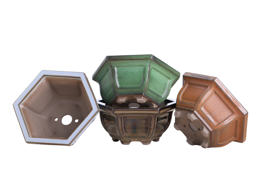 5-Inch Hexagonal Windowed Semi-Cascade Bonsai Pot - Dark Honey