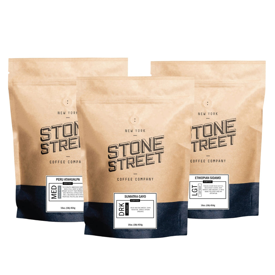 Around The World Trio Bundle assortment showing 3 labeled Stone Street coffee bags