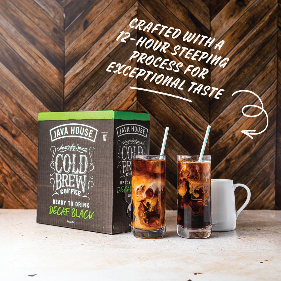 Decaf box beside iced coffee with brewing-process message