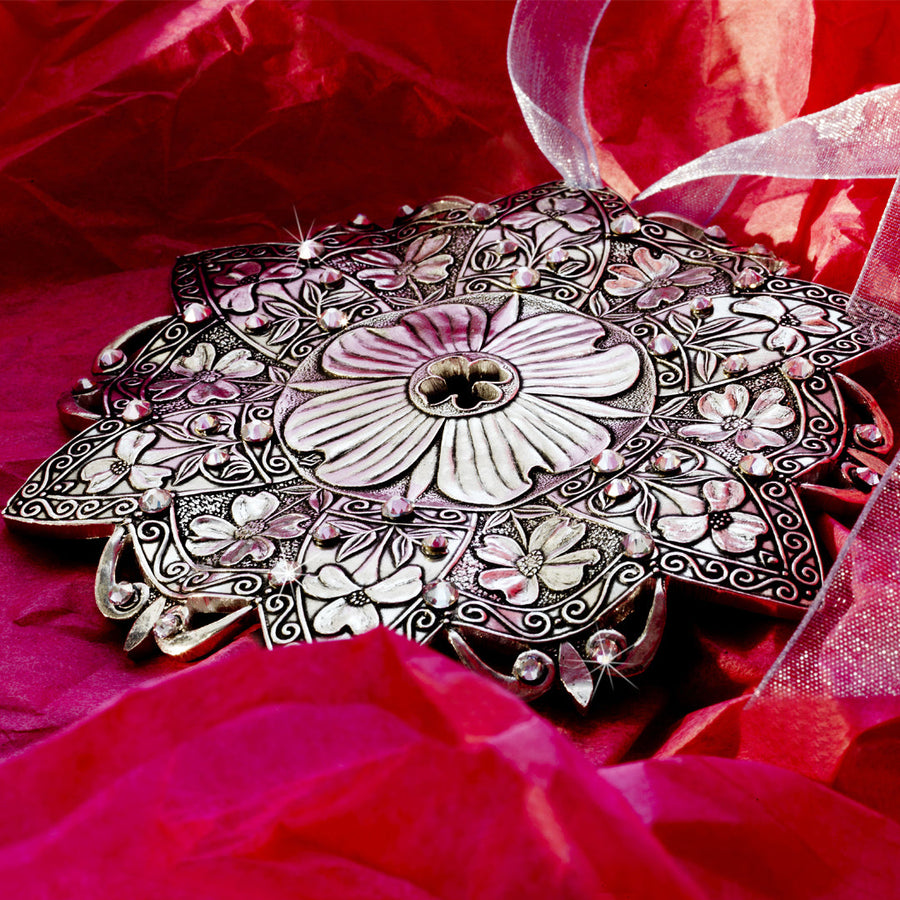 Styled display featuring Snow Crystal Dogwood Ornament