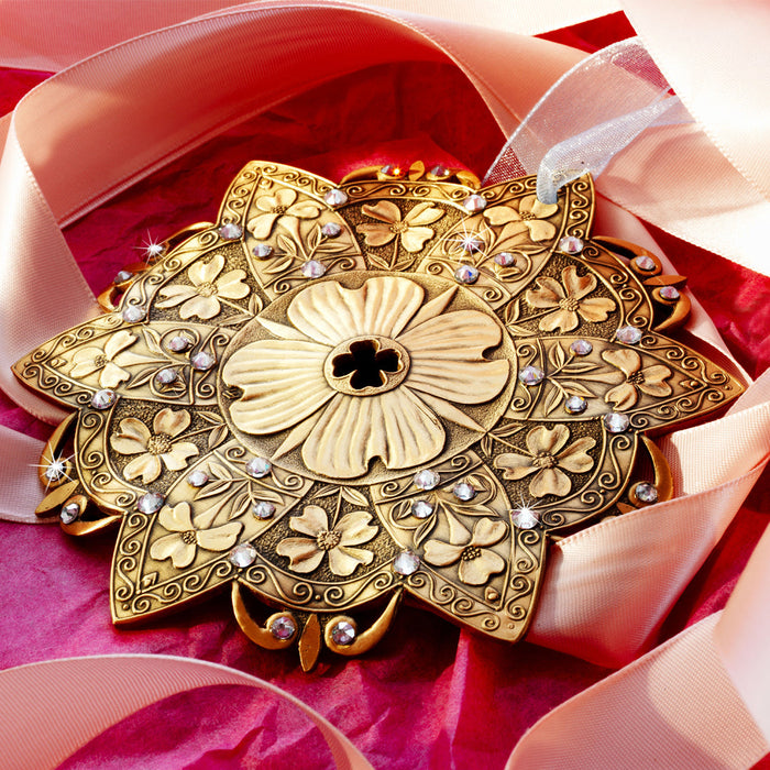 Styled display featuring Snow Crystal Dogwood Ornament