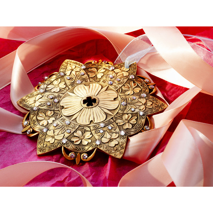 Styled display featuring Snow Crystal Dogwood Ornament