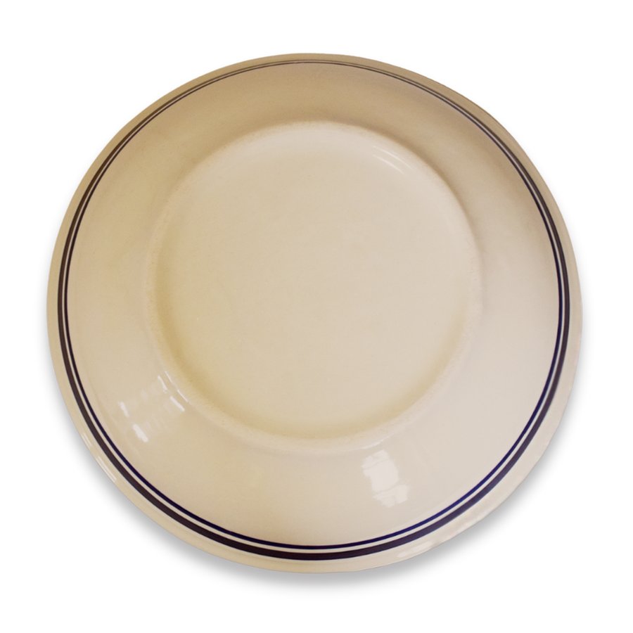 Dominion pasta bowl viewed from above, showing blue rim stripes