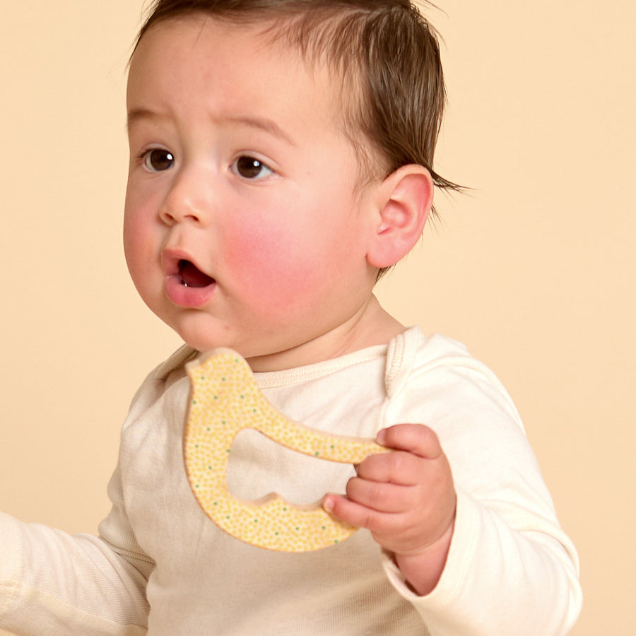 Baby holding a bird-shaped wooden rattle and teether