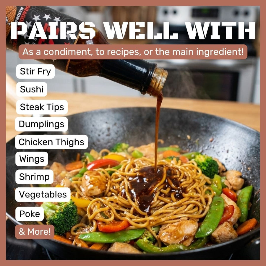 Dragon’s Breath sauce poured into a stir-fry with suggested food pairings