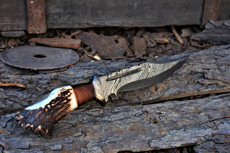 Custom Handmade 13" Damascus Bowie Knife – Stag Crown & Rosewood Handle with Leather Sheath