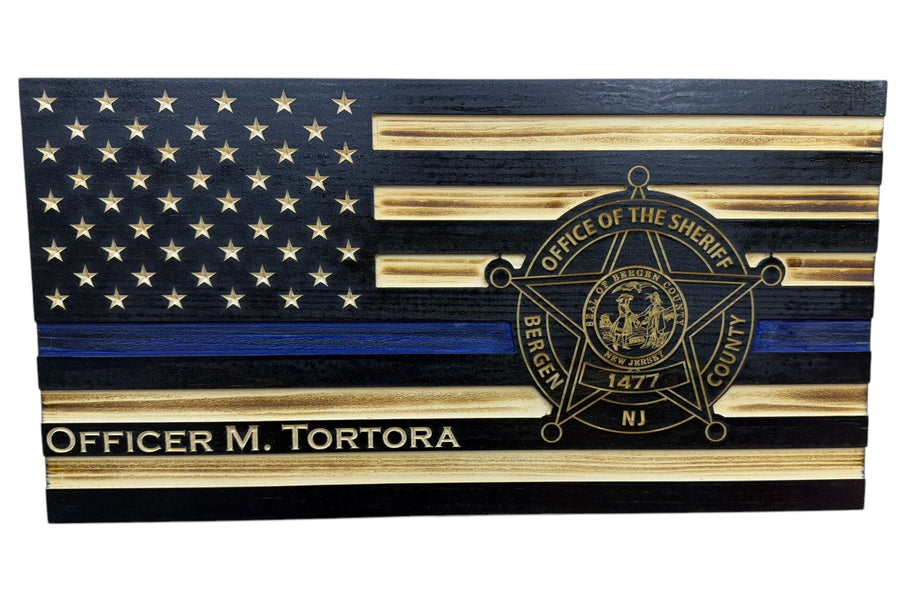 Personalized Thin Blue Line Wooden Police Flag with Engraved Badge — product photo 13