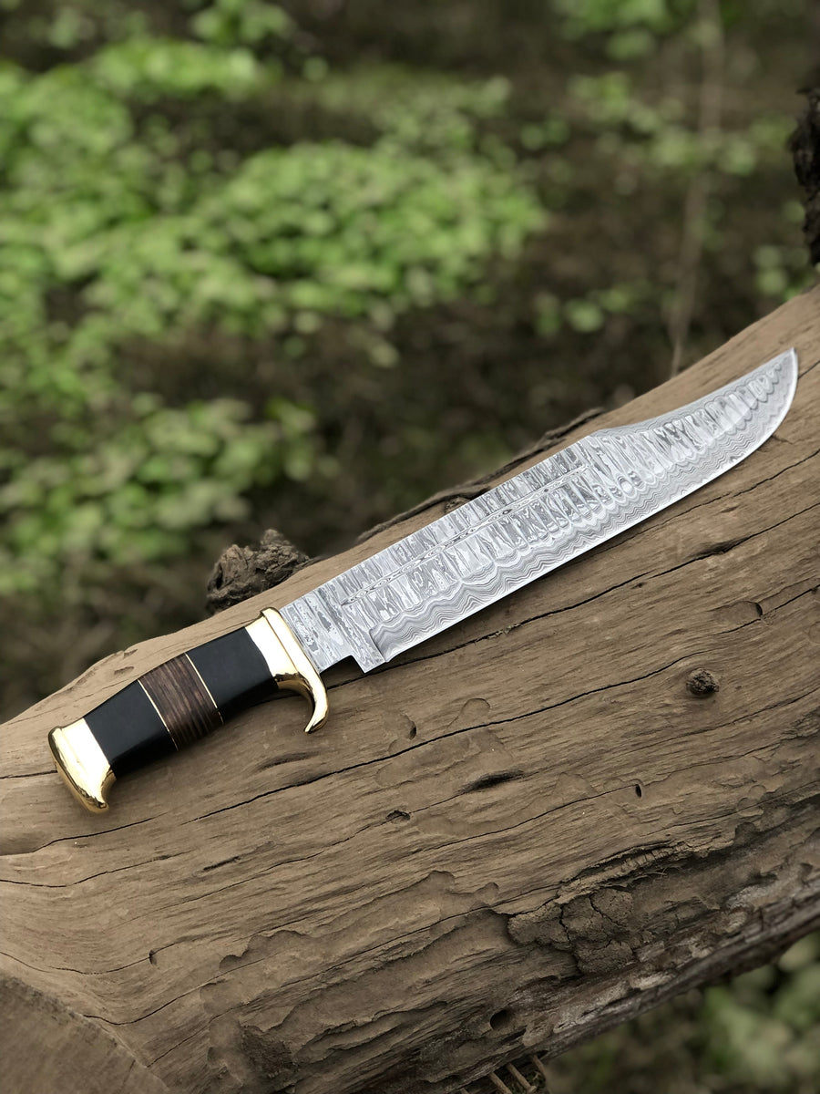 Authentic Crocodile Dundee Knife – 16” Handmade Damascus Steel Blade with Buffalo Horn or Leather Handle & Brass Guard + Leather Sheath