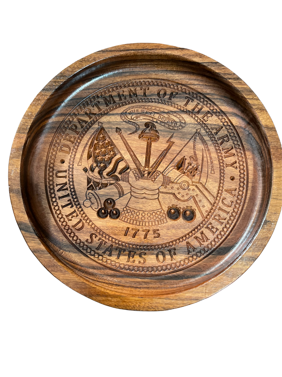Round Army-emblem tray shown from above