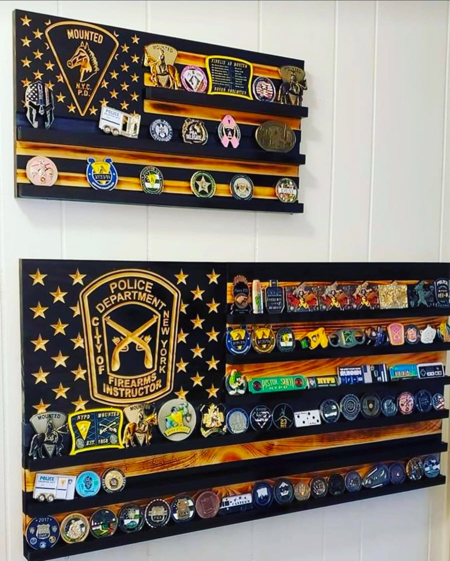Personalized Wooden American Flag Challenge Coin Display