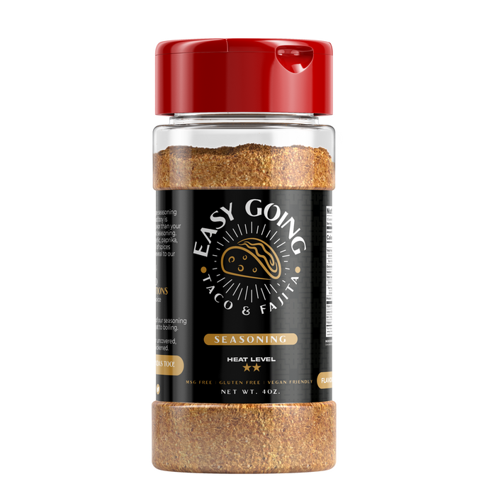 Easy Going Taco and Fajita Seasoning in a 4 oz jar