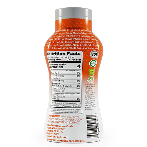 Nectevia New England Maple Agave & Stevia Syrup: bottle back with label.