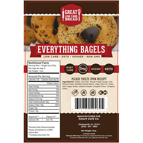 Everything Low Carb Bagels: package label with ingredients and nutrition.