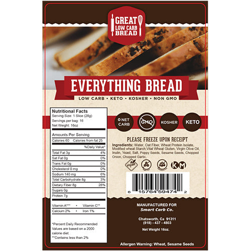 Everything Low Carb Sliced Bread: package label with ingredients and nutrition.