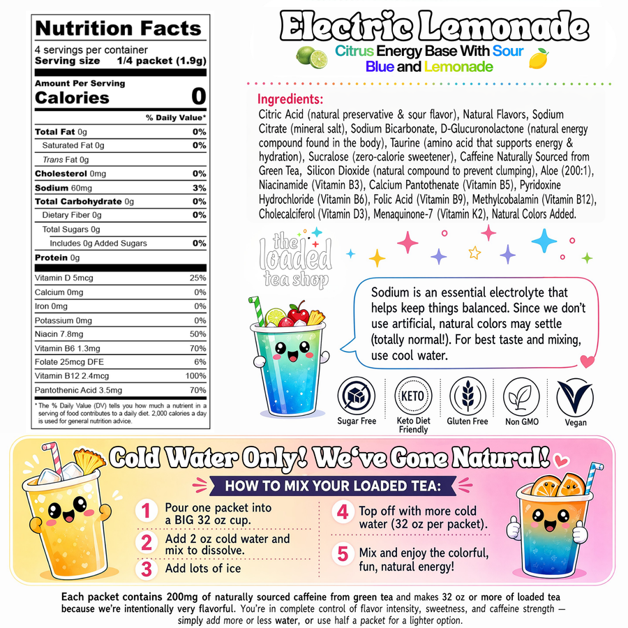 Electric Lemonade loaded tea nutrition and ingredient label