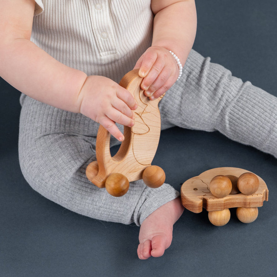 Children exploring wooden animal push toys with spherical wheels