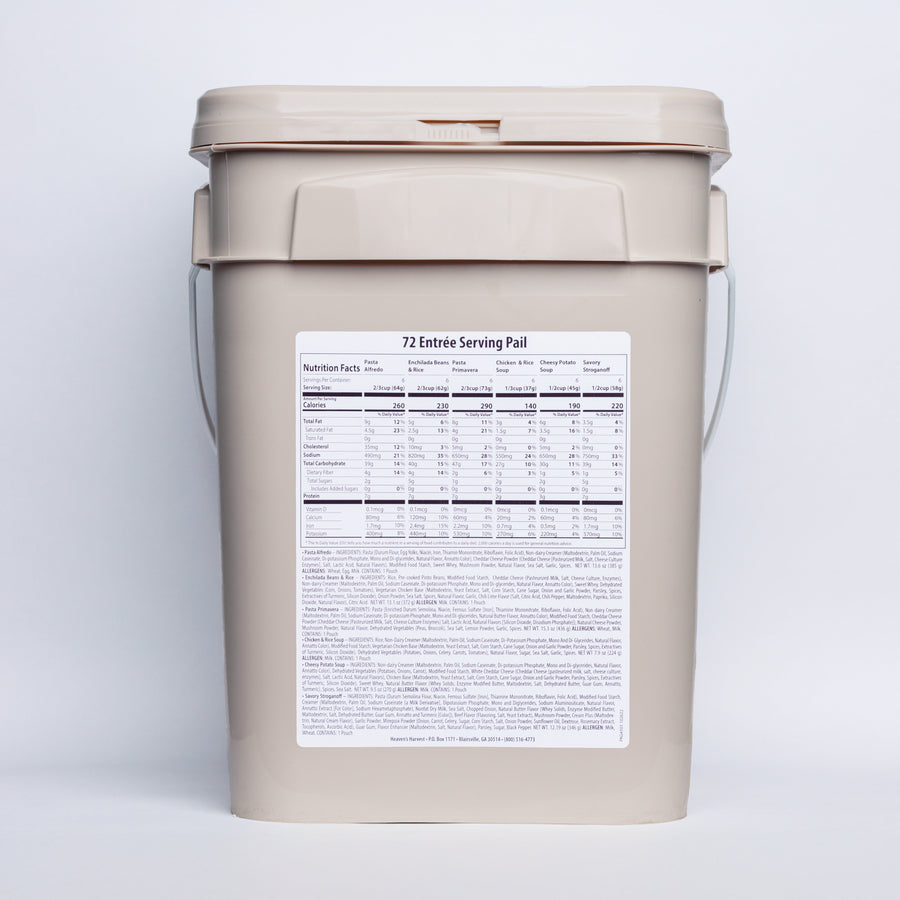 Entree food bucket, rear nutrition label