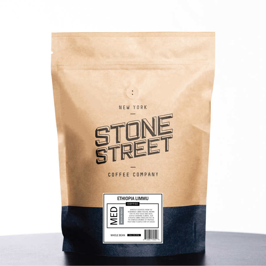 Front of the Stone Street Ethiopia Limmu coffee bag with its product label visible
