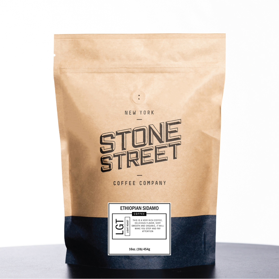 Front of the Stone Street Ethiopian Sidamo coffee bag with its product label visible