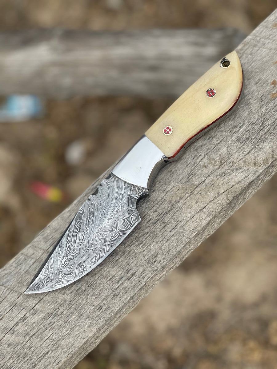 Handmade 9" Damascus Steel Skinning Knife – Camel Bone Handle with Steel Bolster & Leather Sheath