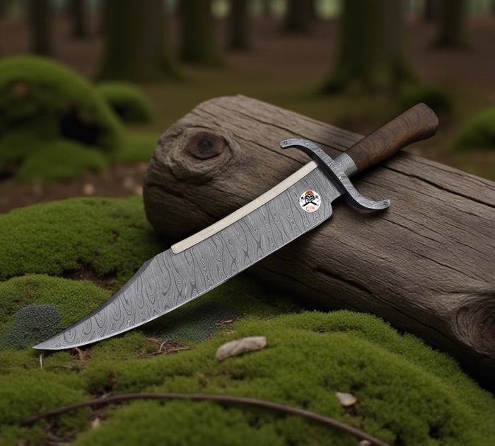 Handmade Alamo Musso Bowie Knifes – Damascus Blade with Rosewood Handle & Leather Sheath