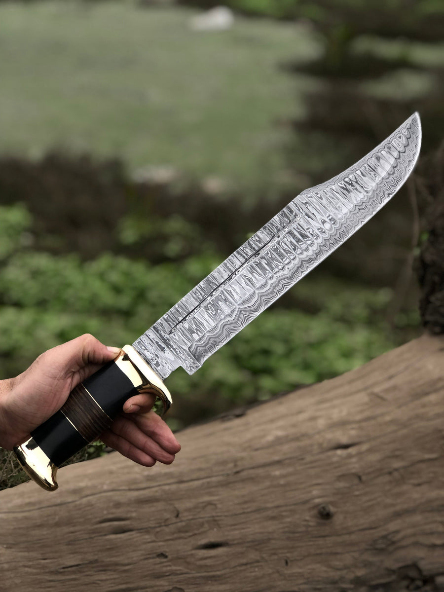 Authentic Crocodile Dundee Knife – 16” Handmade Damascus Steel Blade with Buffalo Horn or Leather Handle & Brass Guard + Leather Sheath