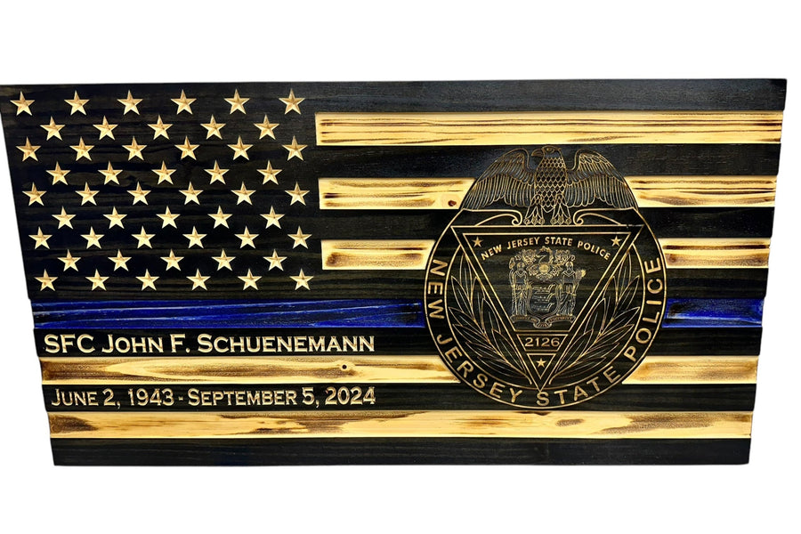 Personalized Thin Blue Line Wooden Police Flag with Engraved Badge — product photo 12