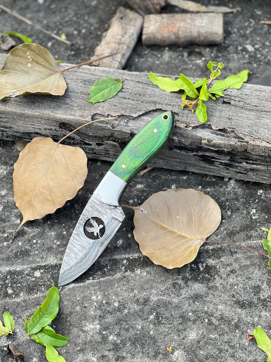 Handmade Skinner Knife – 8" Damascus Steel Blade with Pakkawood & Wire-Cut Handle + Leather Sheath