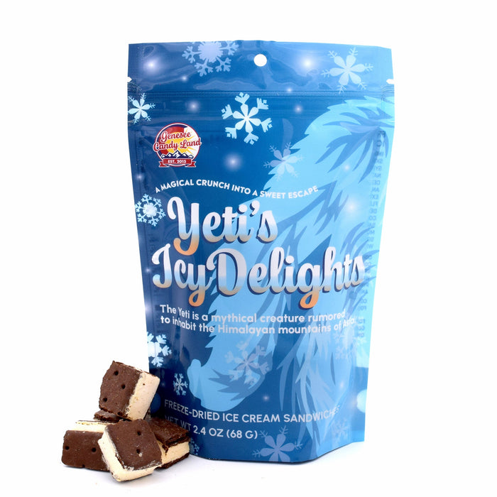Freeze-Dried Ice Cream Sandwich Bites – Yeti's Icy Delights illustrated snack pouch