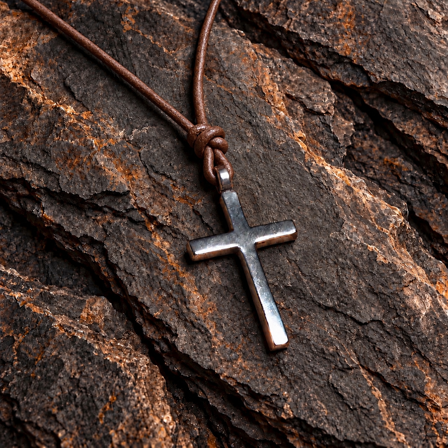 Classic cross on red brown leather cord against bark