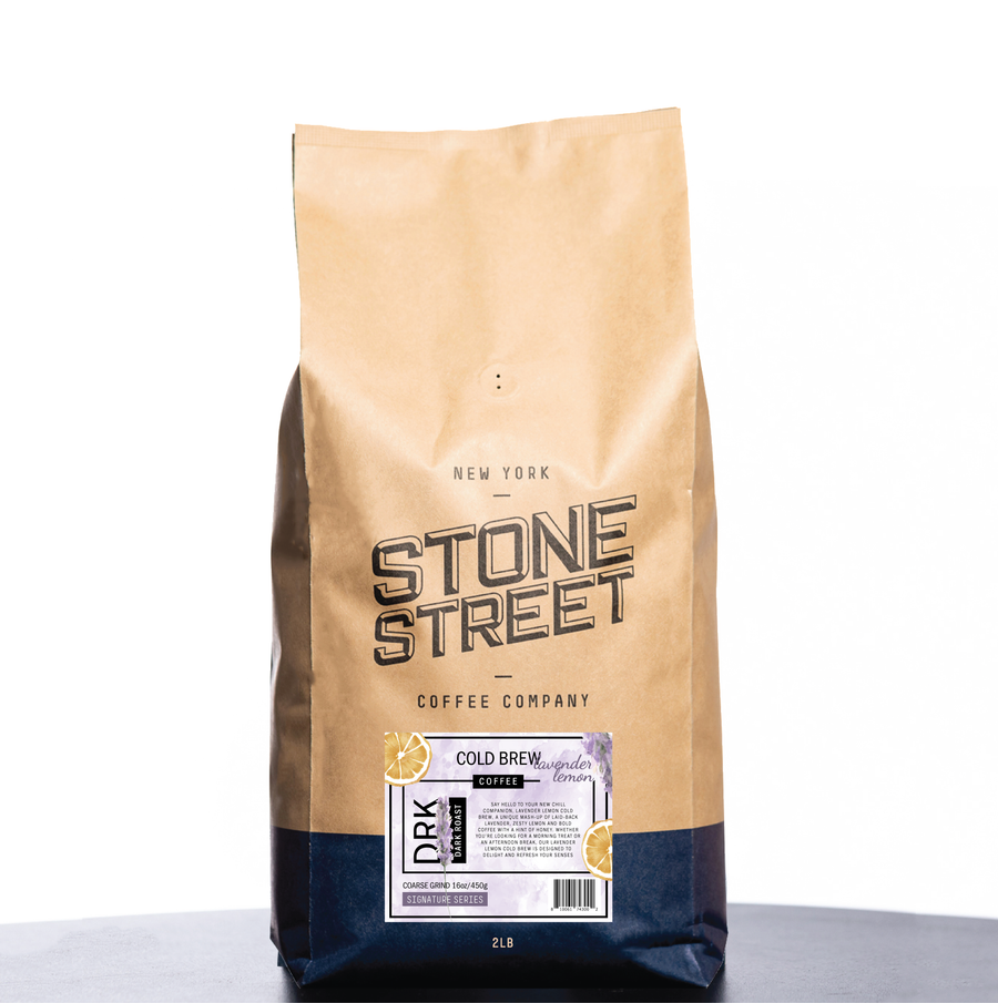 Front of the Stone Street Lavender Lemon Cold Brew coffee bag with its product label visible