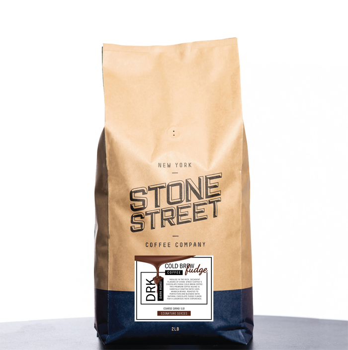 Front of the Stone Street Cold Brew Fudge coffee bag with its product label visible