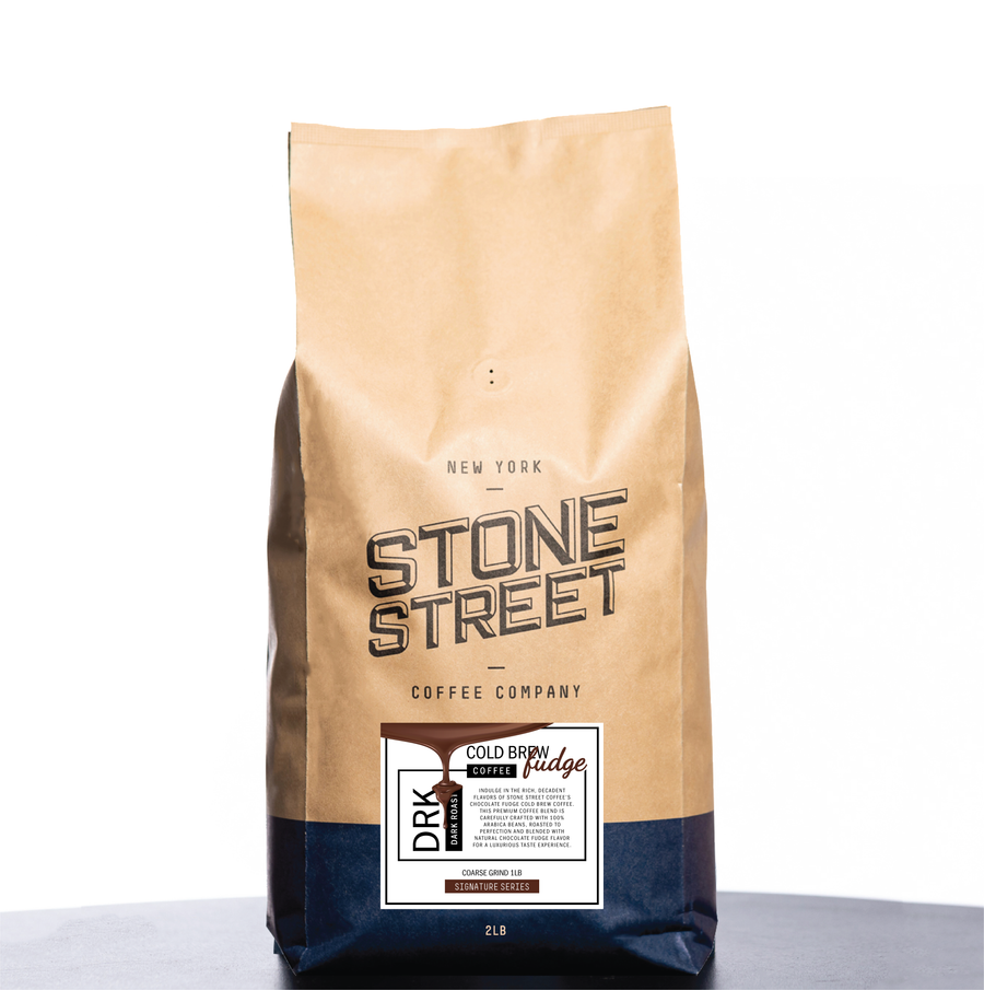 Front of the Stone Street Cold Brew Fudge coffee bag with its product label visible