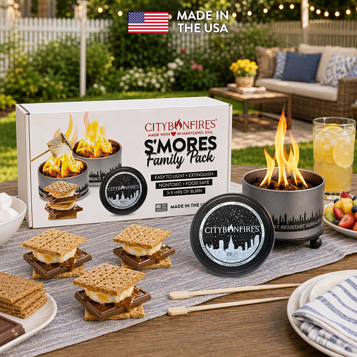 Family s’mores gift set with two bonfires in an outdoor setting