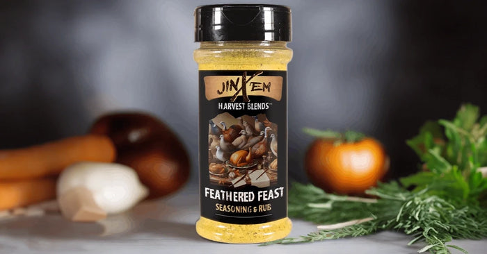 Feathered Feast Poultry Seasoning & Rub — seasoning jar with a prepared poultry serving