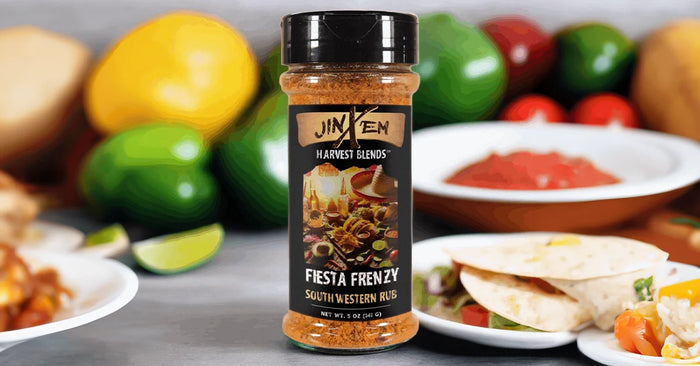 Fiesta Frenzy Southwestern Seasoning Rub — seasoning jar with a prepared food serving