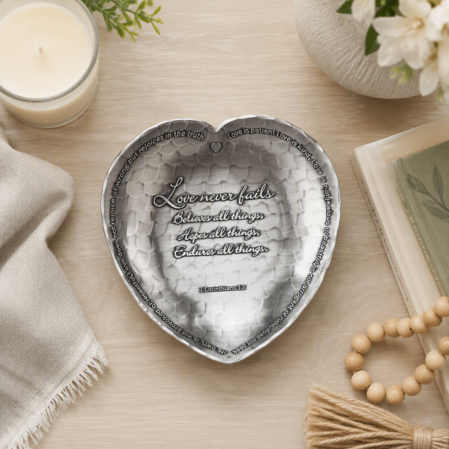 Styled display featuring First Corinthians Heart Dish