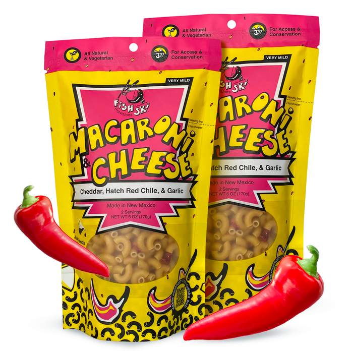 Two pouches of Hatch red chile cheddar mac and cheese with red peppers