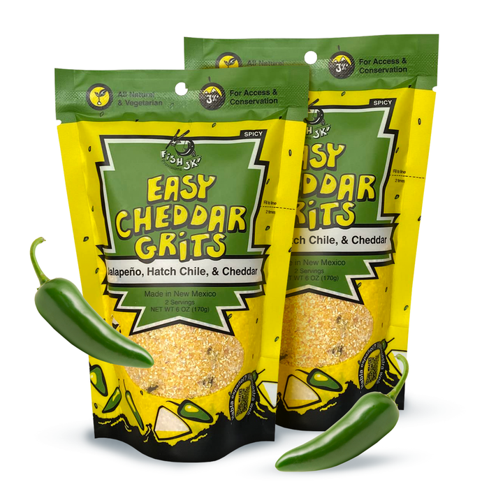 Two pouches of jalapeño, Hatch green chile and cheddar grits with peppers