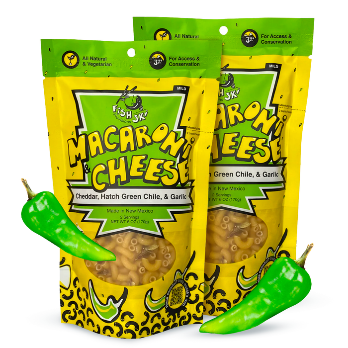 Two pouches of Hatch green chile cheddar mac and cheese with green peppers