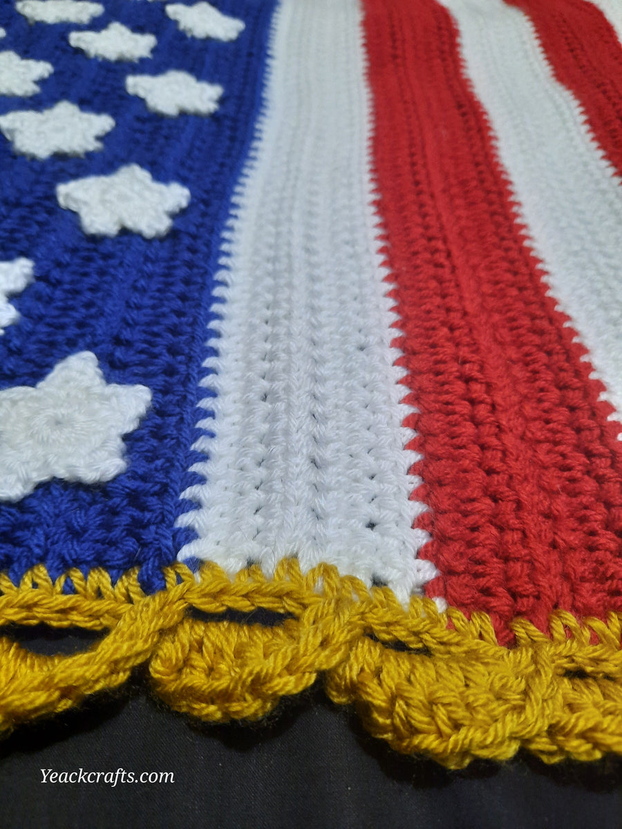 Hand-Crocheted American Flag, close-up of hand-stitched stars, stripes and gold edging
