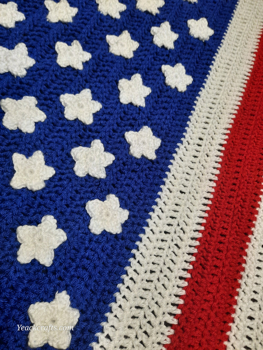 Hand-Crocheted American Flag, close-up of stars and stripe stitching