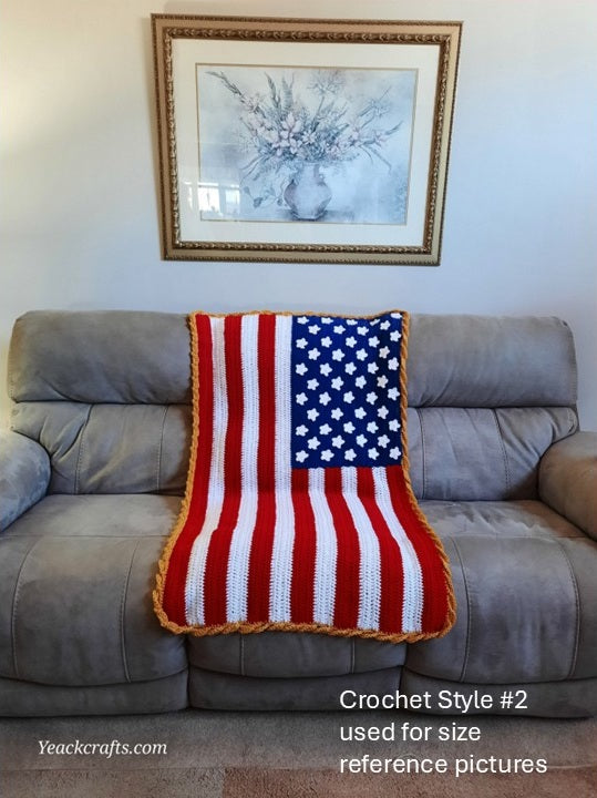 Hand-Crocheted American Flag, Style 2 reference flag draped vertically on a sofa for scale