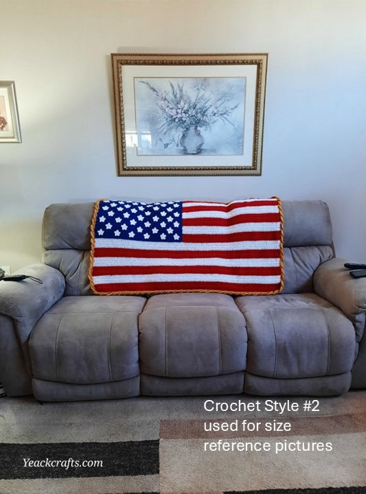 Hand-Crocheted American Flag, Style 2 reference flag displayed horizontally on a sofa
