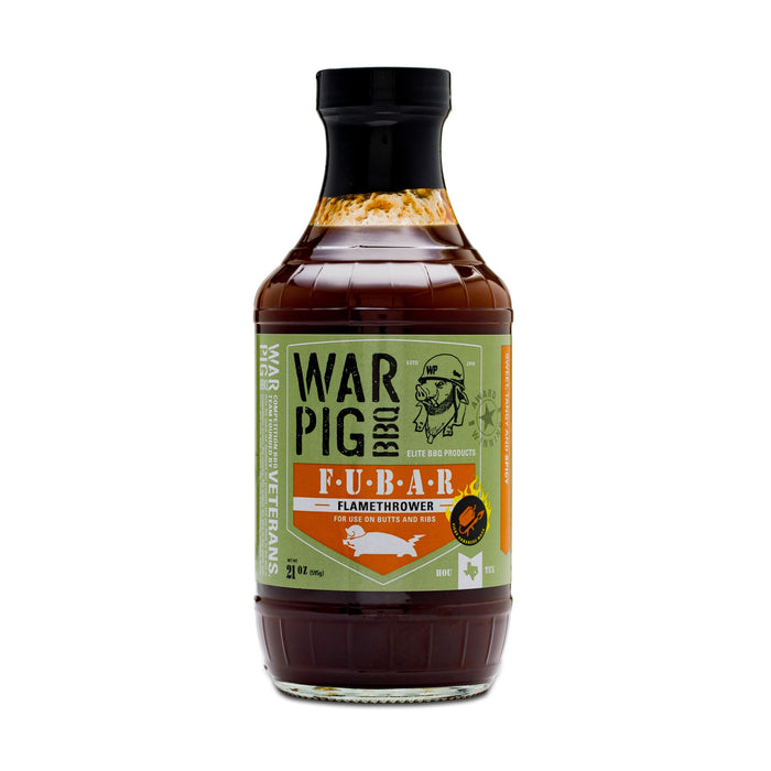 FUBAR Flamethrower BBQ sauce bottle with front label