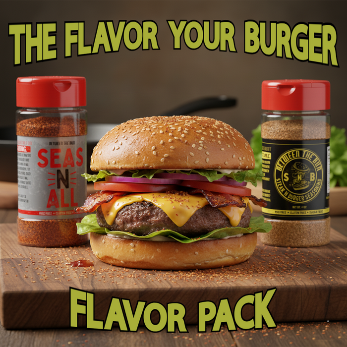 Burger seasoning pack graphic with Mild Seas-n-All and Steak-n-Burger