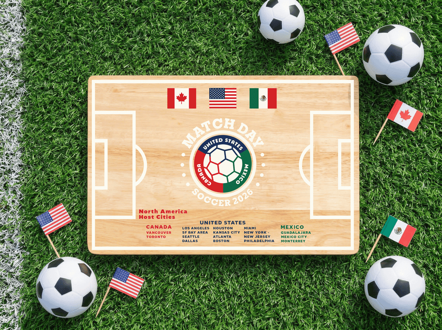 Soccer-pitch maple serving board styled with soccer balls and flags