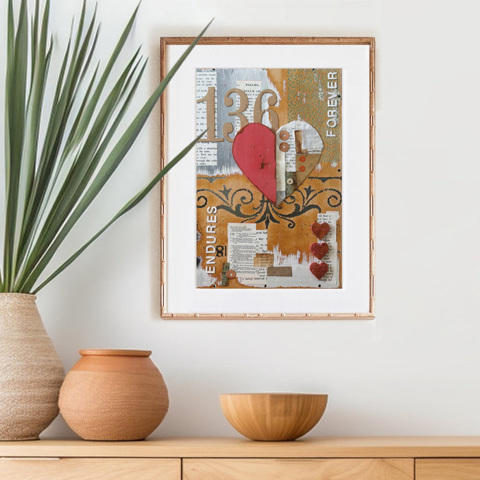 His Love Endures Forever collage art print with hearts, lettering, and vintage paper imagery.